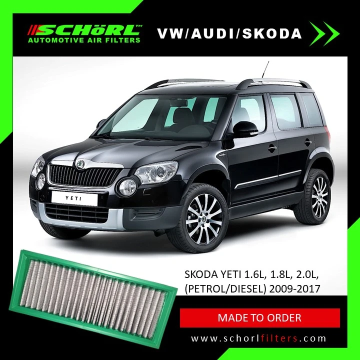 a Schorl brand automotive air filter designed for Audi & more vehicles