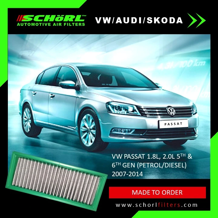 a Schorl brand automotive air filter designed for Audi & more vehicles