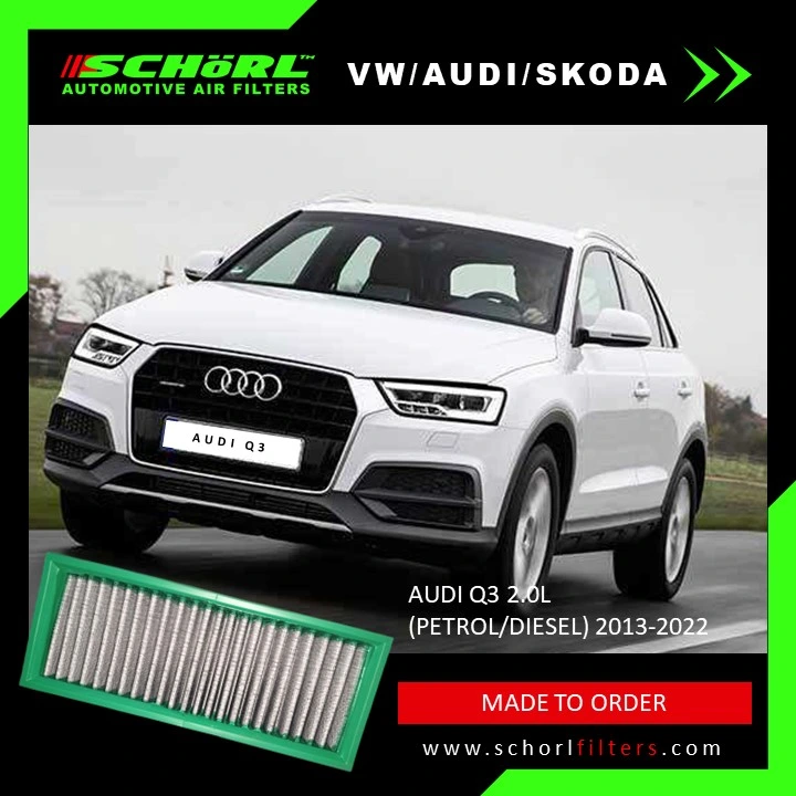 a Schorl brand automotive air filter designed for Audi & more vehicles