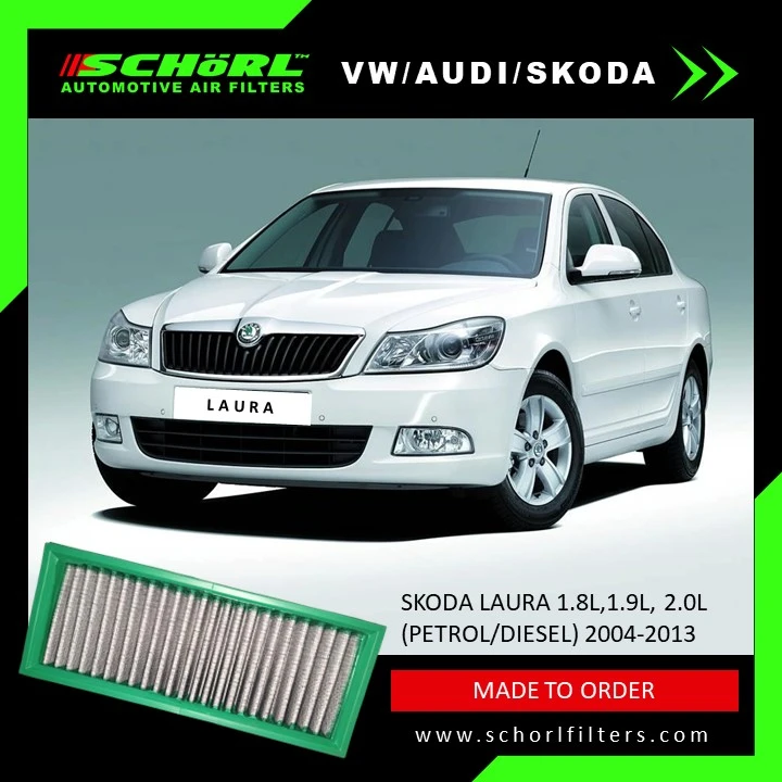 a Schorl brand automotive air filter designed for Audi & more vehicles