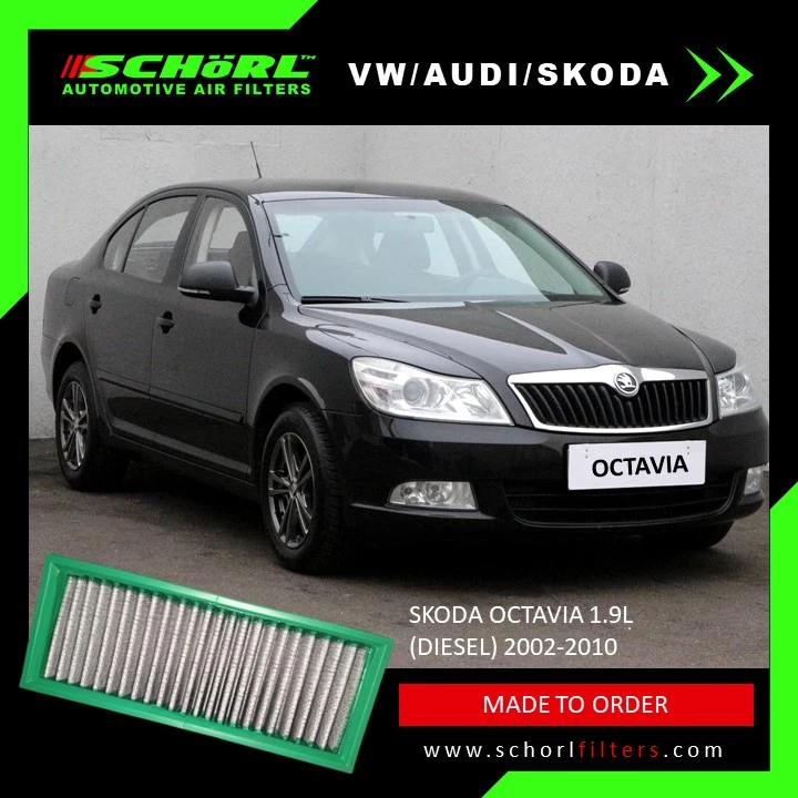 a Schorl brand automotive air filter designed for Audi & more vehicles