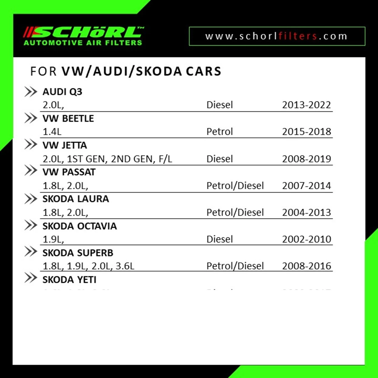 a Schorl brand automotive air filter designed for Audi & more vehicles