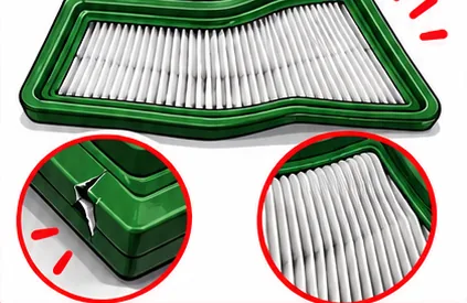 Bent filter with a cracked frame and crushed pleats