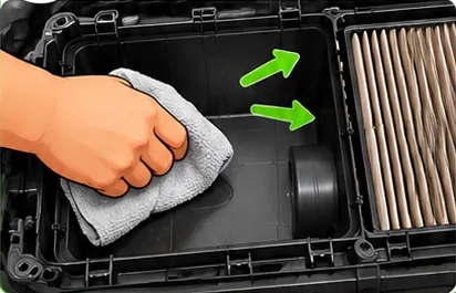 Hand wiping the clean side of the airbox with a cloth