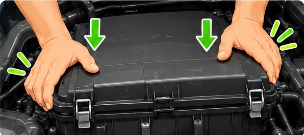 Two hands pressing the airbox lid down