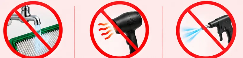 Crossed-out symbols for running tap water, a hot hair dryer, and a compressed air gun